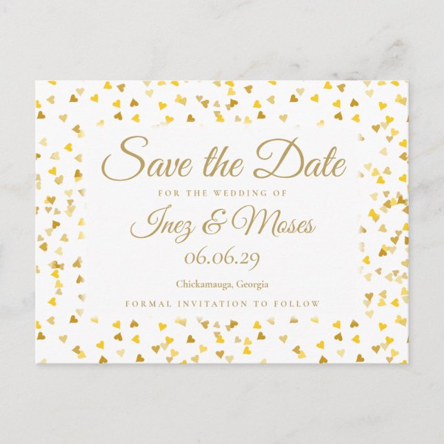 Gold Hearts Confetti Save the Date Postkarte (Vorderseite)
