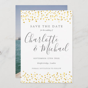 Gold Hearts Confetti Script-Foto Save The Date