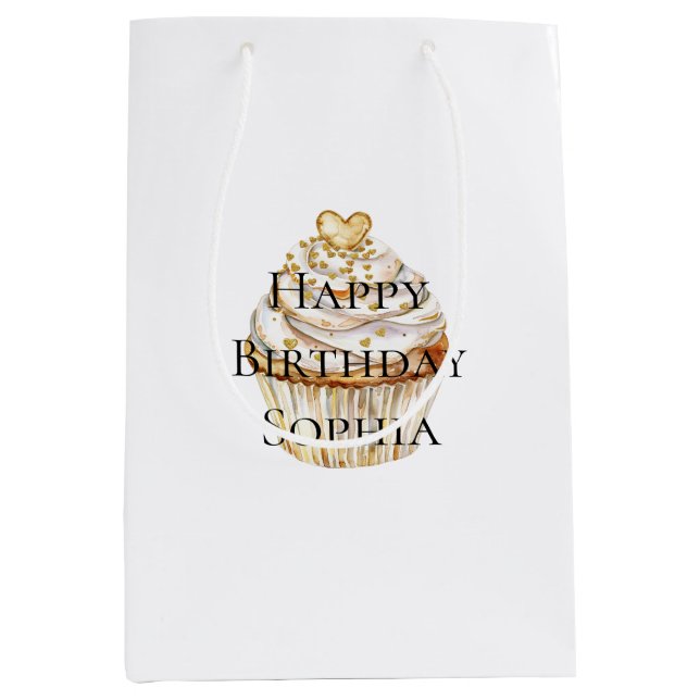 Gold Hearts Cupcake Birthday Mittlere Geschenktüte (Vorderseite)