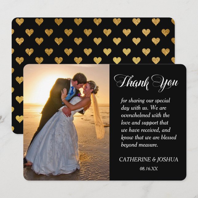 Gold Hearts Foto Hochzeit Vielen Dank Dankeskarte (Vorne/Hinten)