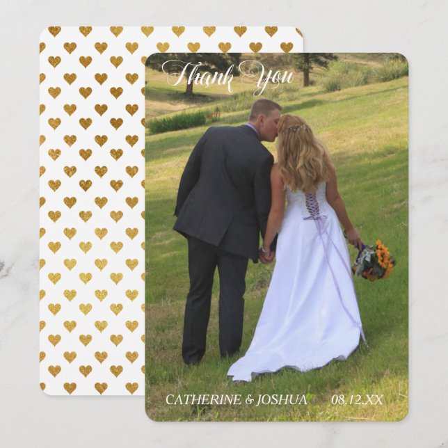 Gold Hearts Fotovorlage Hochzeit Vielen Dank Dankeskarte (Vorne/Hinten)