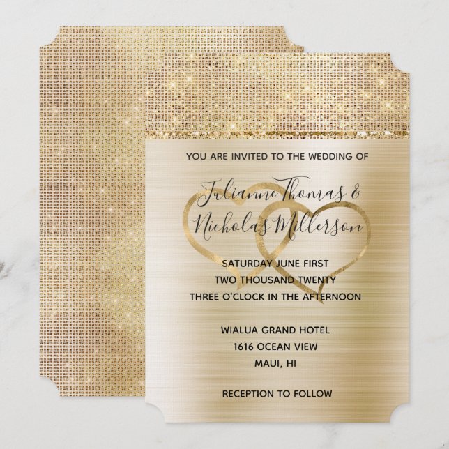 Gold Hearts Glam Sparkle Wedding Einladung (Vorne/Hinten)