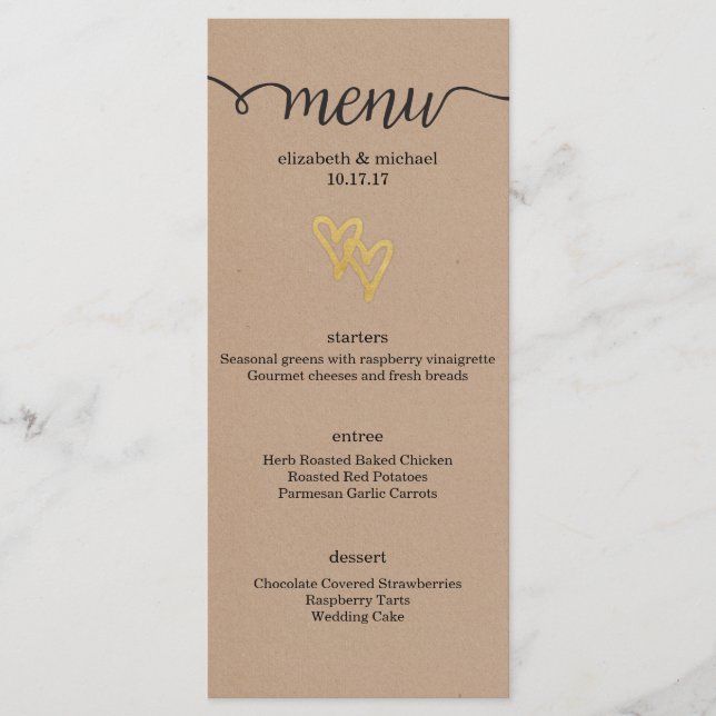 Gold Hearts Kraft Wedding Menu Menükarte (Vorderseite)
