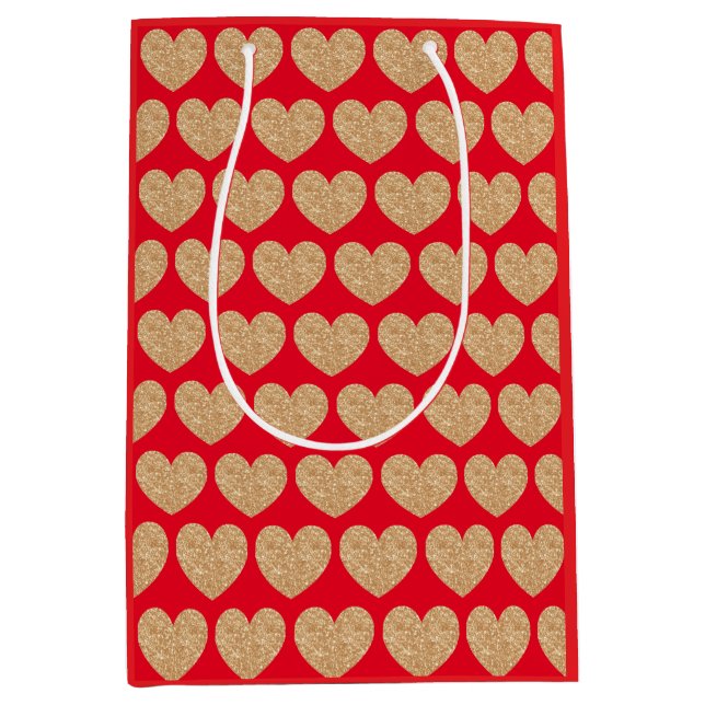 Gold Hearts On Red Background Mittlere Geschenktüte (Vorderseite)