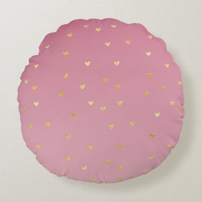 Gold Hearts Pink Ombre Rundes Kissen (Vorderseite)