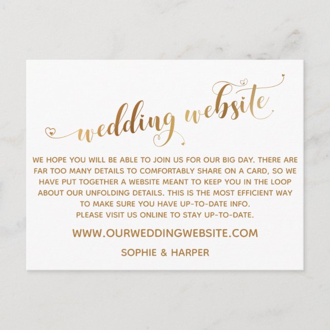 Gold Hearts Script auf der White Wedding Website Postkarte (Vorderseite)