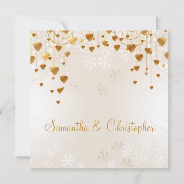 Gold Hearts und Schneeflocken II Hochzeit Einladung (Vorderseite)