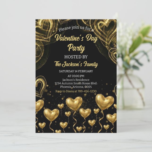 Gold Hearts Valentine's Day Party Einladung (Stehend Vorderseite)