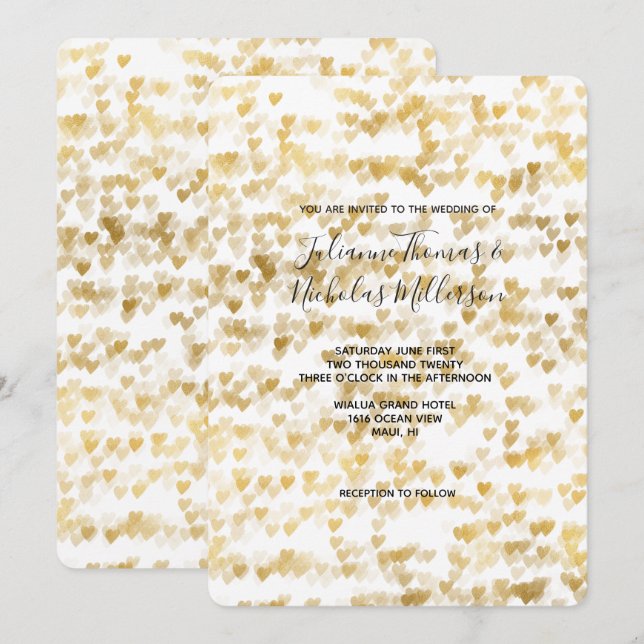 Gold Hearts Wedding Invites Einladung (Vorne/Hinten)