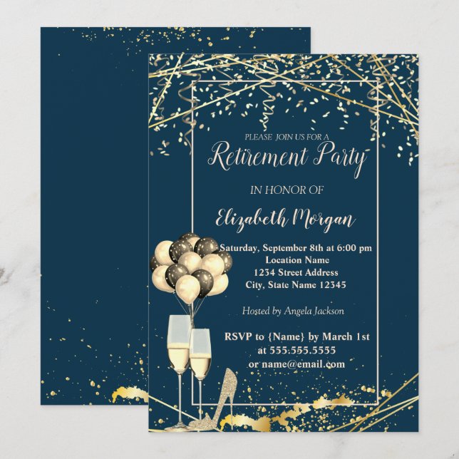 Gold-Heels, Glas, Ballons, blaue Schiffshypothesen Einladung (Vorne/Hinten)