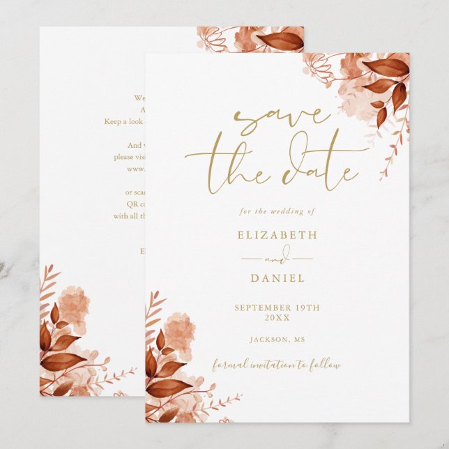 Gold Herbst Floral QR Code Hochzeit Save The Date (Vorne/Hinten)