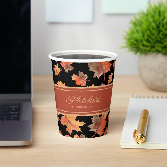Gold Herbstlaube & Terracotta Streifen Custom Blac Pappbecher (InSitu)