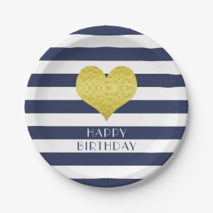 Gold Herz Blau-Weiß-Gestreift Alles Gute Zum Gebur Pappteller