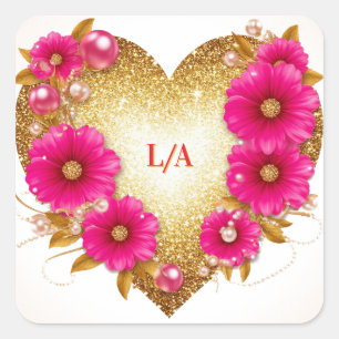 🌿 Gold Herz Pink Blumen Romantische Geschenkverpa Quadratischer Aufkleber