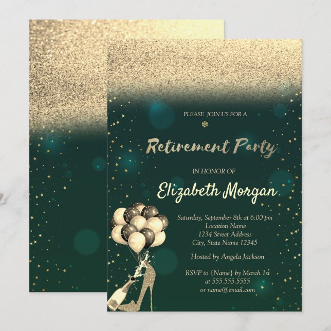 Gold High Heel Balloons Green Glitzer Rente Einladung (Vorne/Hinten)