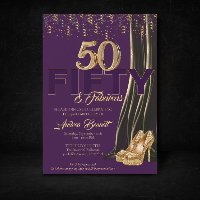 Gold High Heel Elegant Lila 50 Fantastischer Gebur Einladung (Gold Purple 50th birthday invitation high heels)