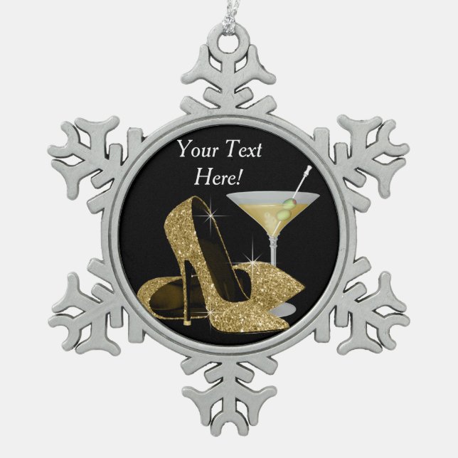 Gold High Heel Schuhe und Martini Schneeflocken Zinn-Ornament (Vorderseite)