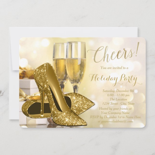 Gold High Heels Champagne Corporate Holiday Party Einladung (Vorderseite)