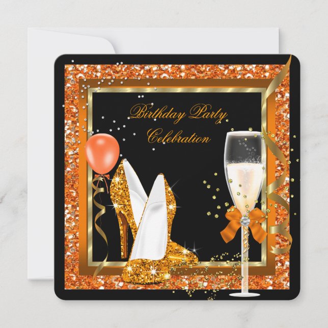 Gold High Heels Glitzer Orange Birthday Black Einladung (Vorderseite)