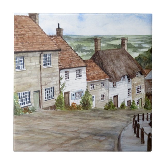 Gold Hill, Shaftesbury, Dorset Wasserfarbenmalerei Fliese (Vorderseite)