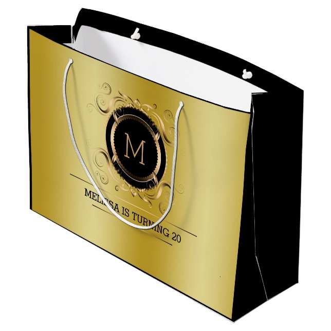 Gold Hintergrund mit Gold und Schwarz Rahmen Große Geschenktüte (Rückseite Schrägansicht)