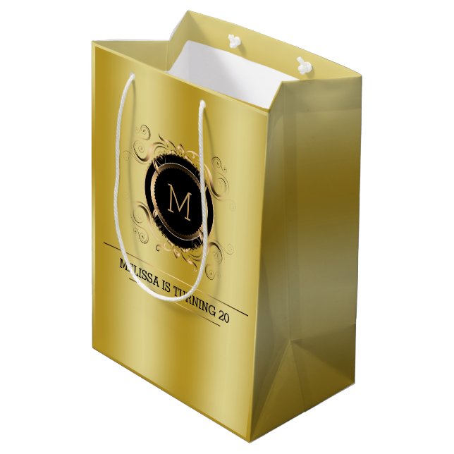 Gold Hintergrund mit Gold und Schwarz Rahmen Mittlere Geschenktüte (Rückseite Schrägansicht)
