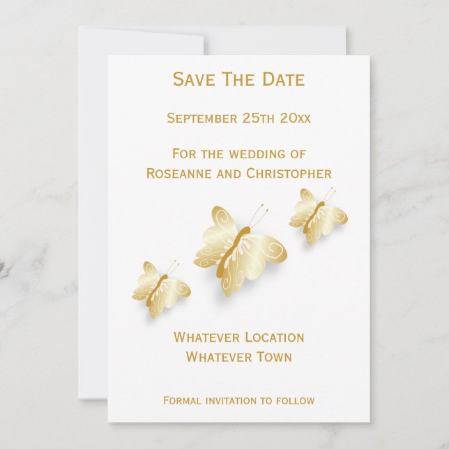Gold Hochzeit speichert die Datumskartenschmetterl Save The Date (Vorderseite)
