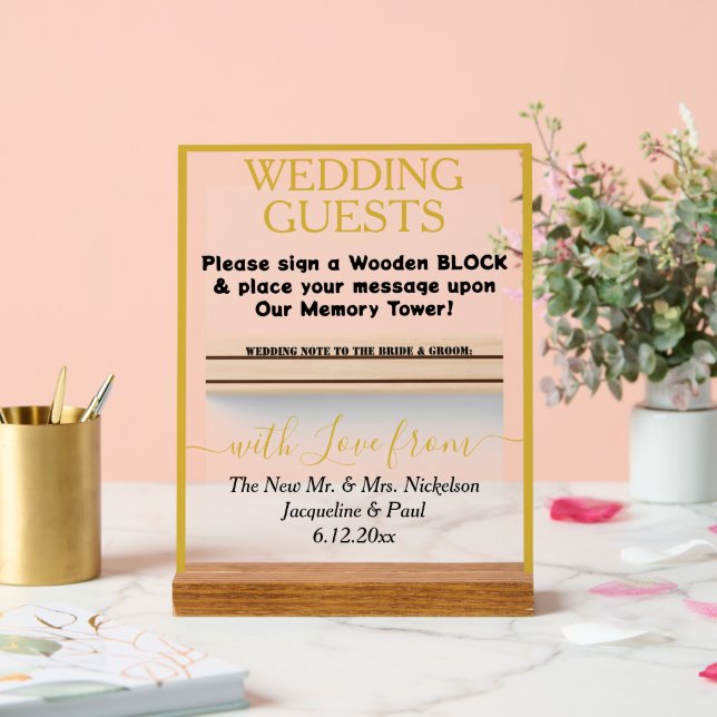 Gold Hochzeitbuch Holzblock-Namen Acrylschild (Hochzeit)