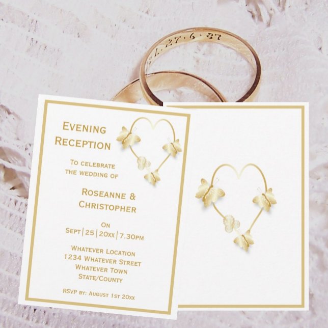 Gold Hochzeitsempfang Einladung Schmetterlinge (Gold wedding evening reception invitation butterflies heart design)