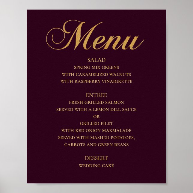 Gold Hochzeitsmenü. Burgund elegant schlicht Poster (Vorne)