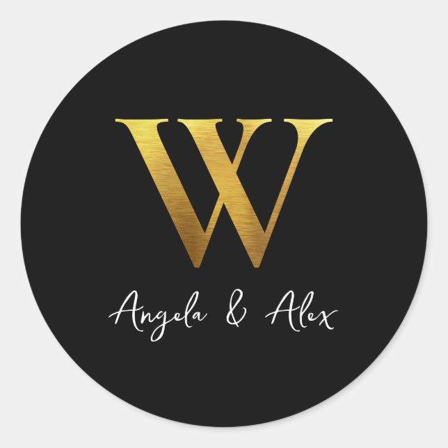 Gold-Hochzeitsmonogramm W Schwarz Runder Aufkleber (Vorderseite)
