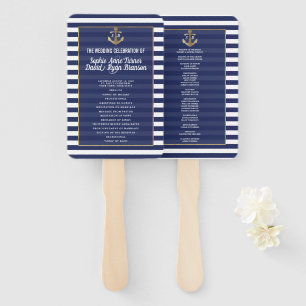 Gold-Hochzeitsprogramm für Nautical Navy Blue Stri Fächer