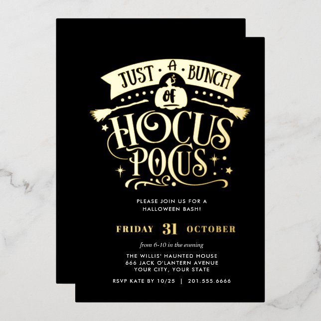 GOLD HOCUS POCUS Halloween Bash Party Foil Folieneinladung (Vorderseite/Rückseite)