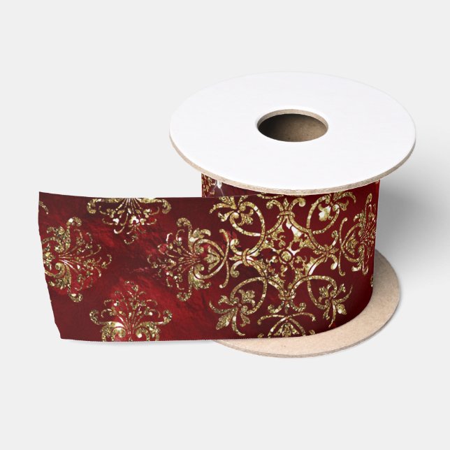 Gold Holiday Christmas Metallic Damask Elegante  Satinband (Spule)