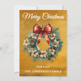 Gold Holly Berry Christmas Wreath Feiertagskarte