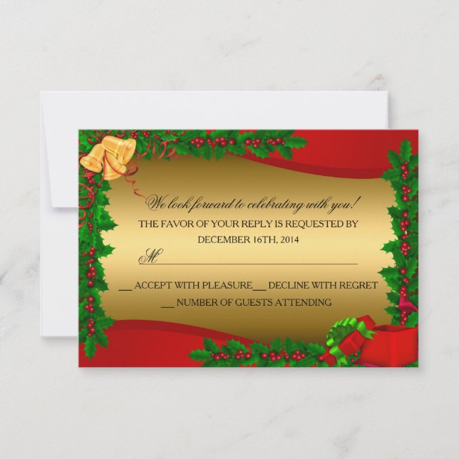 Gold Holly Blätter Bell Weihnachtsfeiertag UAWG RSVP Karte (Vorderseite)