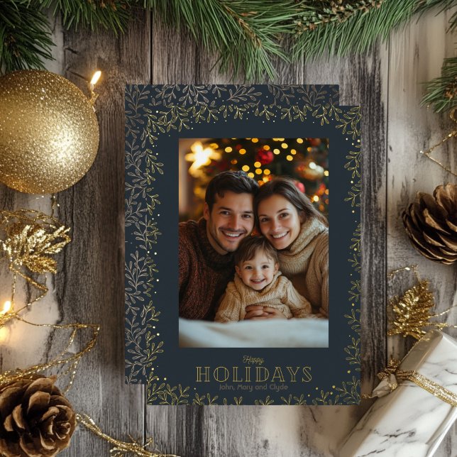 Gold Holly Christmas Foto Folien Feiertagskarte (Gold Foil and Navy Christmas Greeting Card)