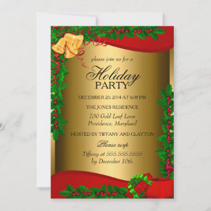 Gold Holly Feuilles Bell Invitation de Noël