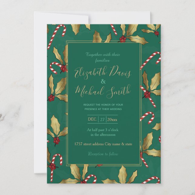 Gold Holly Verlasst Red Berries Candy Cane Green Einladung (Vorderseite)
