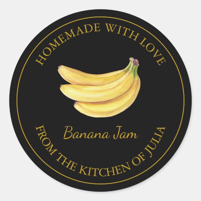 Gold-Homemade-Bananenjam-Label | Schwarz Runder Aufkleber (Vorderseite)