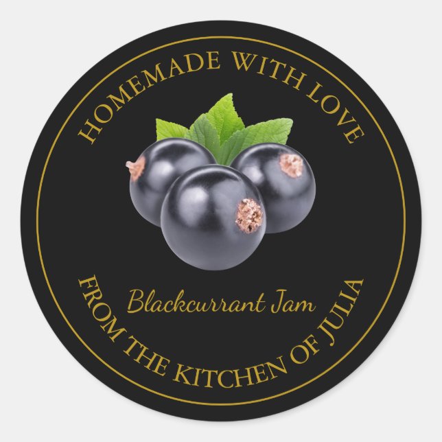 Gold-Homemade-Blackcurrant-Jam-Label | Schwarz Runder Aufkleber (Vorderseite)