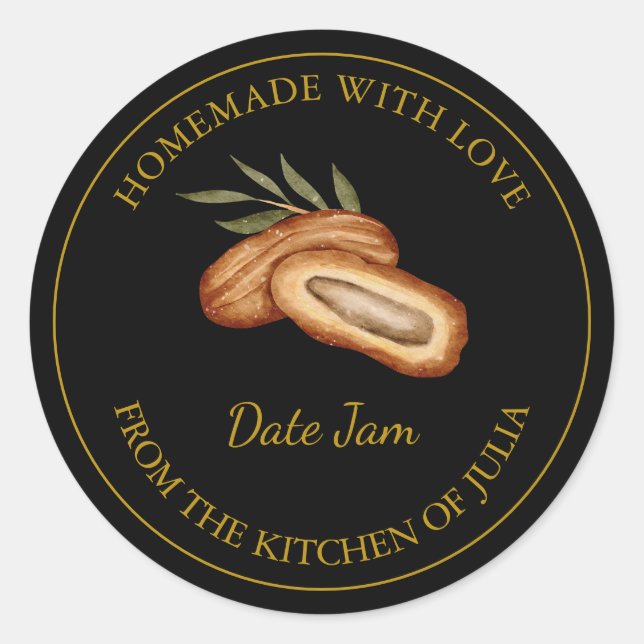 Gold Homemade Date Jam Label | Schwarz Runder Aufkleber (Vorderseite)