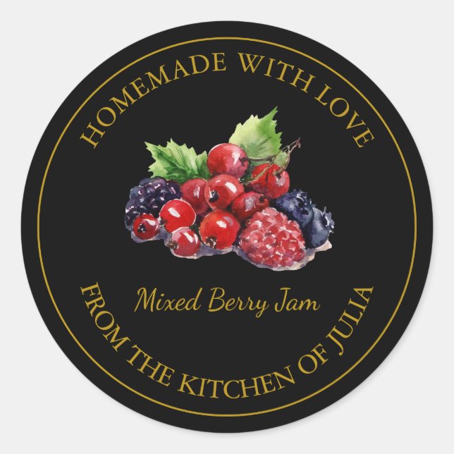 Gold-Homemade-Mixed-Berry-Jam-Label | Schwarz Runder Aufkleber (Vorderseite)
