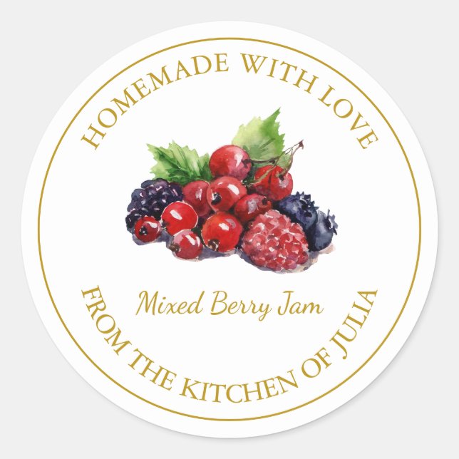 Gold-Homemade-Mixed-Berry-Jam-Label | weiß Runder Aufkleber (Vorderseite)
