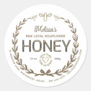 Gold Honey Embossed Text Bees Heart Wreath Taupe Runder Aufkleber
