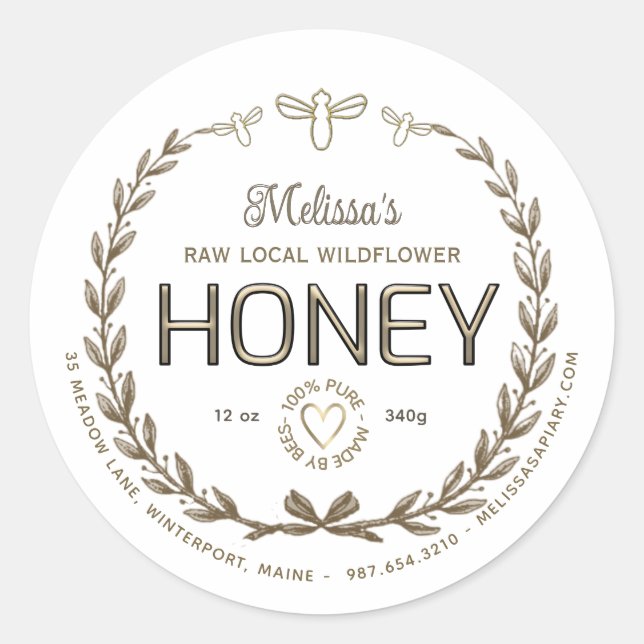 Gold Honey Embossed Text Bees Heart Wreath Taupe Runder Aufkleber (Vorderseite)