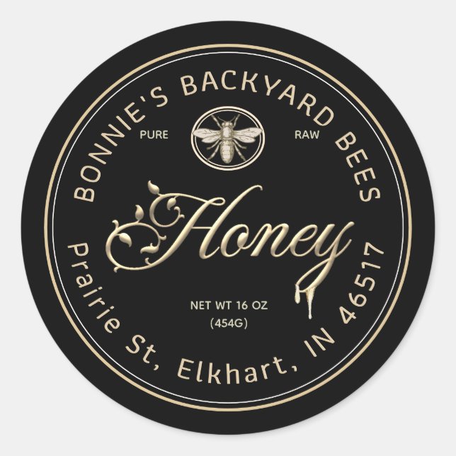 Gold Honey Script Schriftart Heraldic Bee Black Runder Aufkleber (Vorderseite)