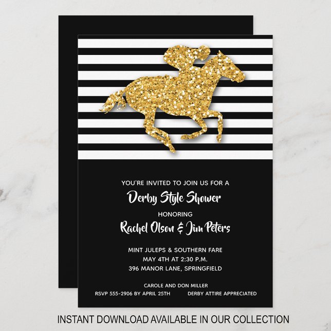 Gold Horse Stripes Derby Invitations de douche nup (INSTANT DOWNLOAD available in our collection to send your invitations digitally.)