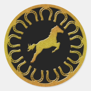 GOLD HORSE UND HORSESHOS RUNDER AUFKLEBER
