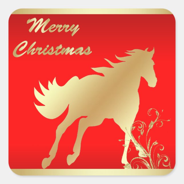 Gold Horst auf Red Merry Weihnachten Quadratischer Aufkleber (Vorderseite)